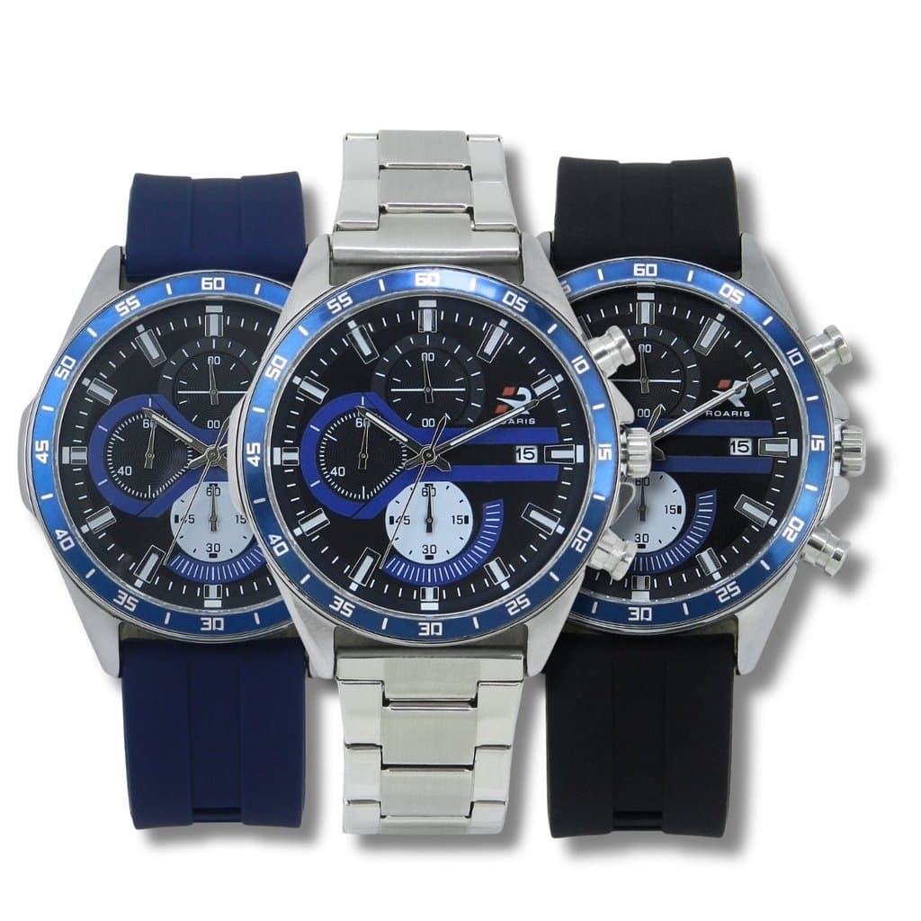 Relógio Cronógrafo Masculino Roaris Analógico RR00007 Prata e Preto e Azul, 5ATM, LUXUOSO, FASHION,