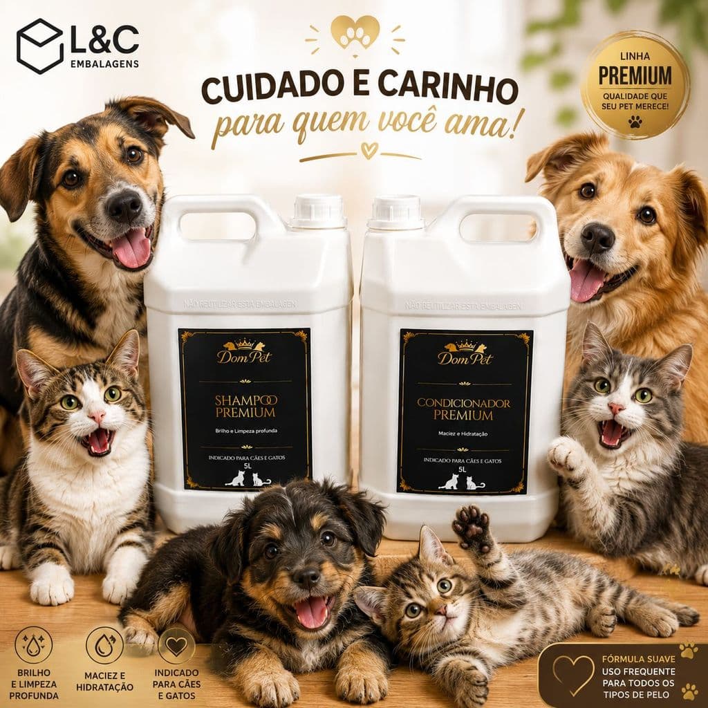 Kit Dom Pet Shampoo e Condicionador Premium 5 Litros P/ Cão Cachorro Gato Limpeza Profunda