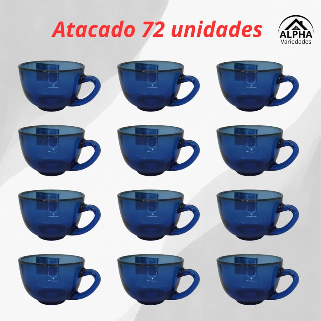 CAIXA 72 XICARAS DE VIDRO AZUL 225 ML P/ CAFÉ CHA MOD. PERA