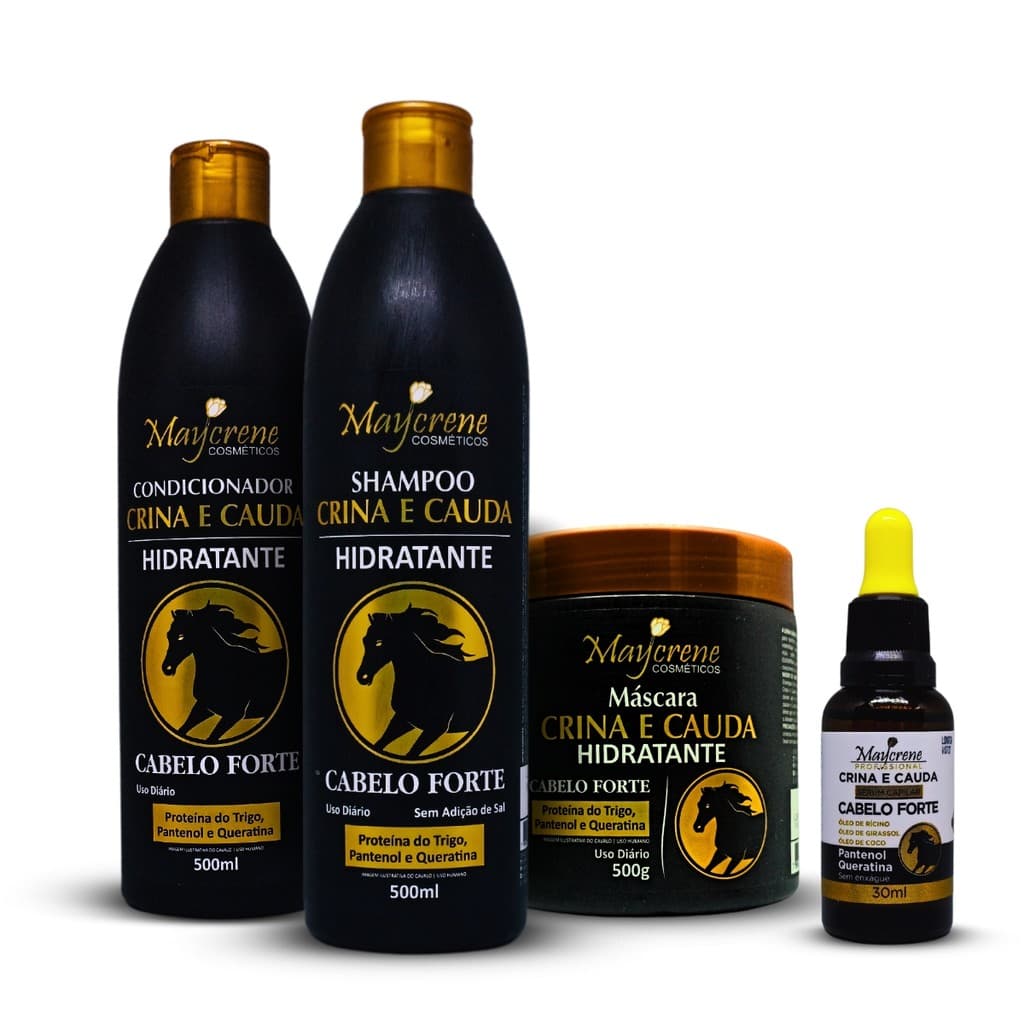 Kit Crina e Cauda Força e Crescimento Capilar Maycrene - Shampoo, Condicionador, Máscara e Sérum