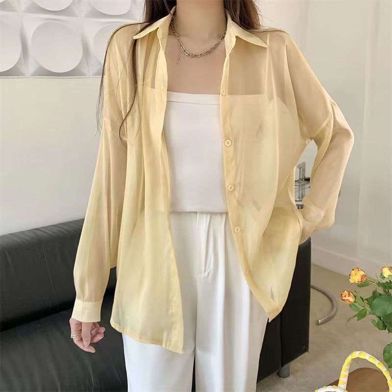 Blusa feminina de chiffon roxo claro perolado, fina, de manga comprida, de seda gelada, com proteção solar, para o verão