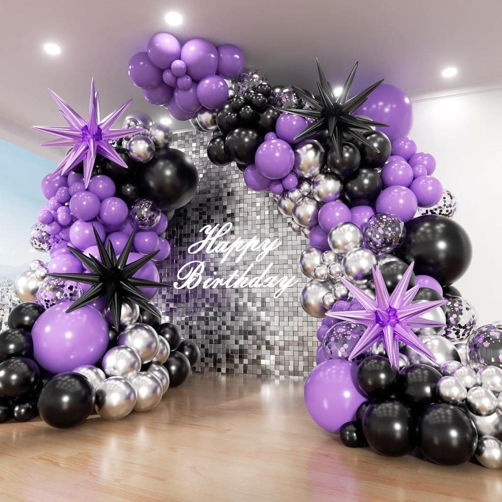 Kit de Arco de Balões Roxo e Preto com 153 peças, incluindo estrela, balões de confete roxos, pretos, metálicos e pratea
