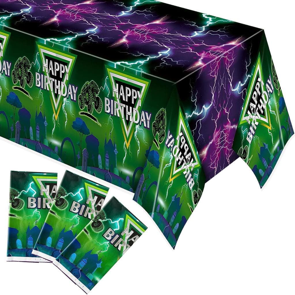Toalhas de Mesa de Caminhão Monstro Verde e Roxo - Toalha de Mesa Retangular Descartável com Tema de Caminhão Monstro pa
