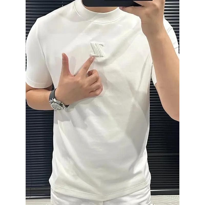Camisa de fundo branco masculina de verão simples em torno do pescoço Modal manga curta camiseta cor sólida All-Match mo