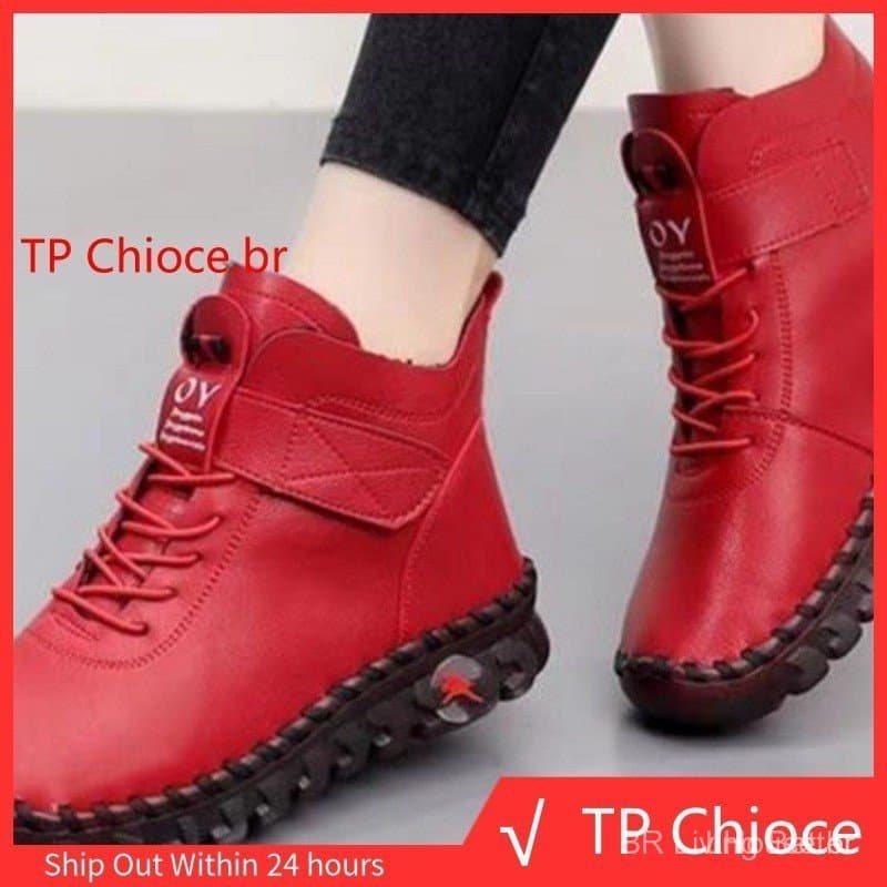 Botas Curtas de Couro Grosso para Mulheres 2024, Calçados Ortopédicos de Inverno para Mulheres, Botas de Neve Impermeáve