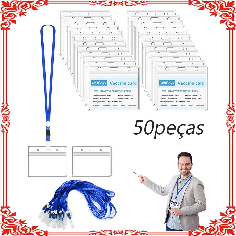 50 porta-crachás transparentes  Porta-crachás horizontais  Inclui 50 cordões
