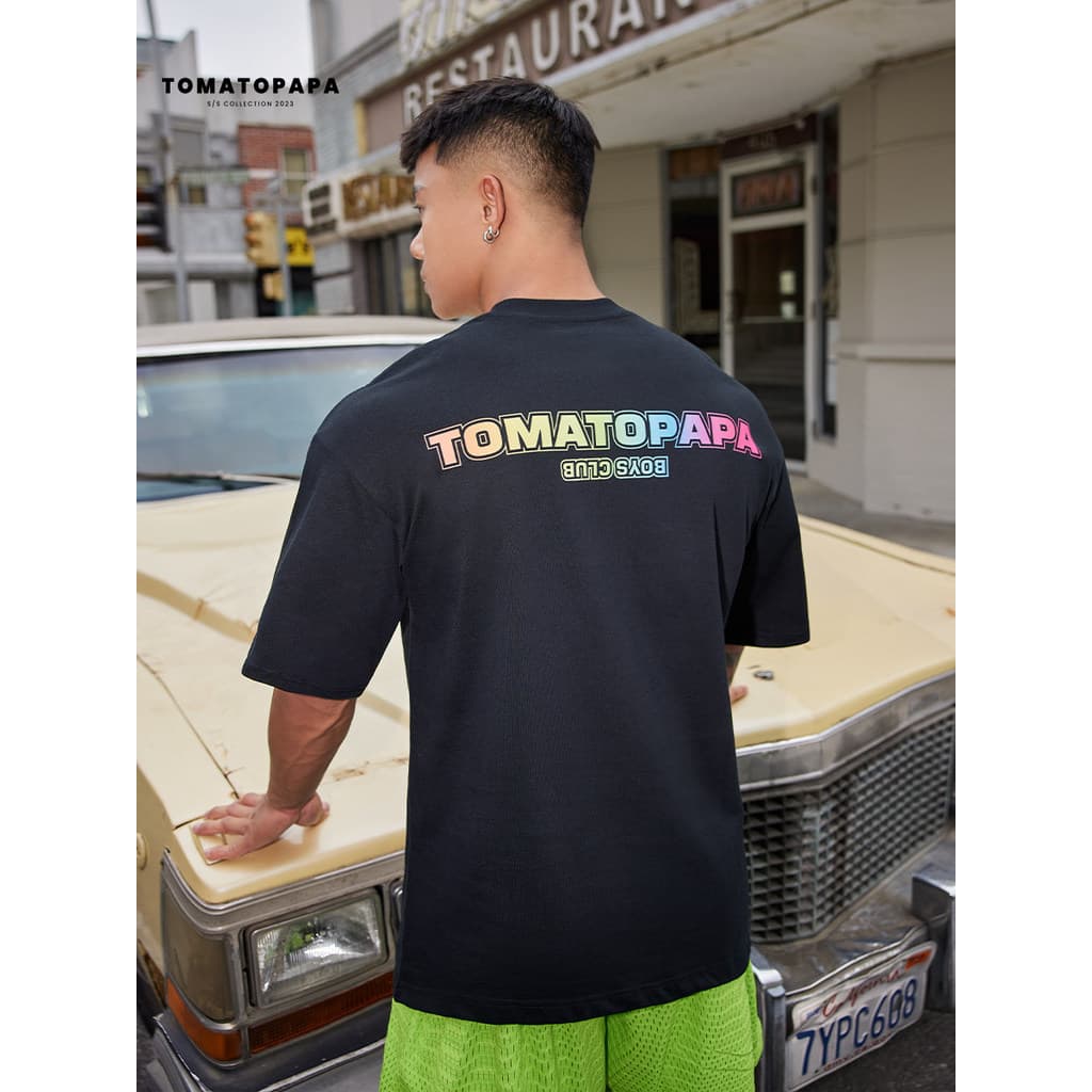 TOMATEPAPA Camiseta de manga curta com estampa de letras pesada nacional na moda simples rua retrô camiseta arco-íris To