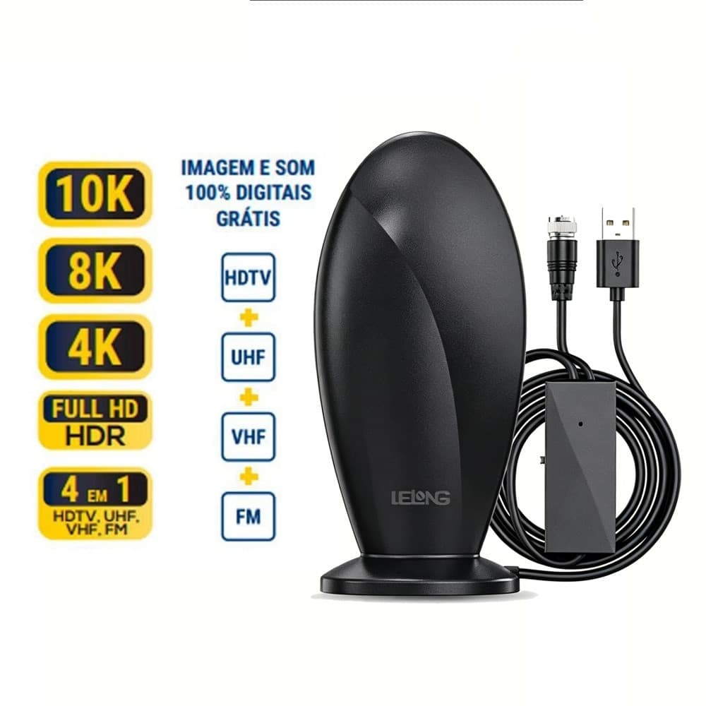 Antena TV Interna Amplificada com Cabo de 3m, Ganho 25dBi, Recepção UHF/VHF 1080p HDTV