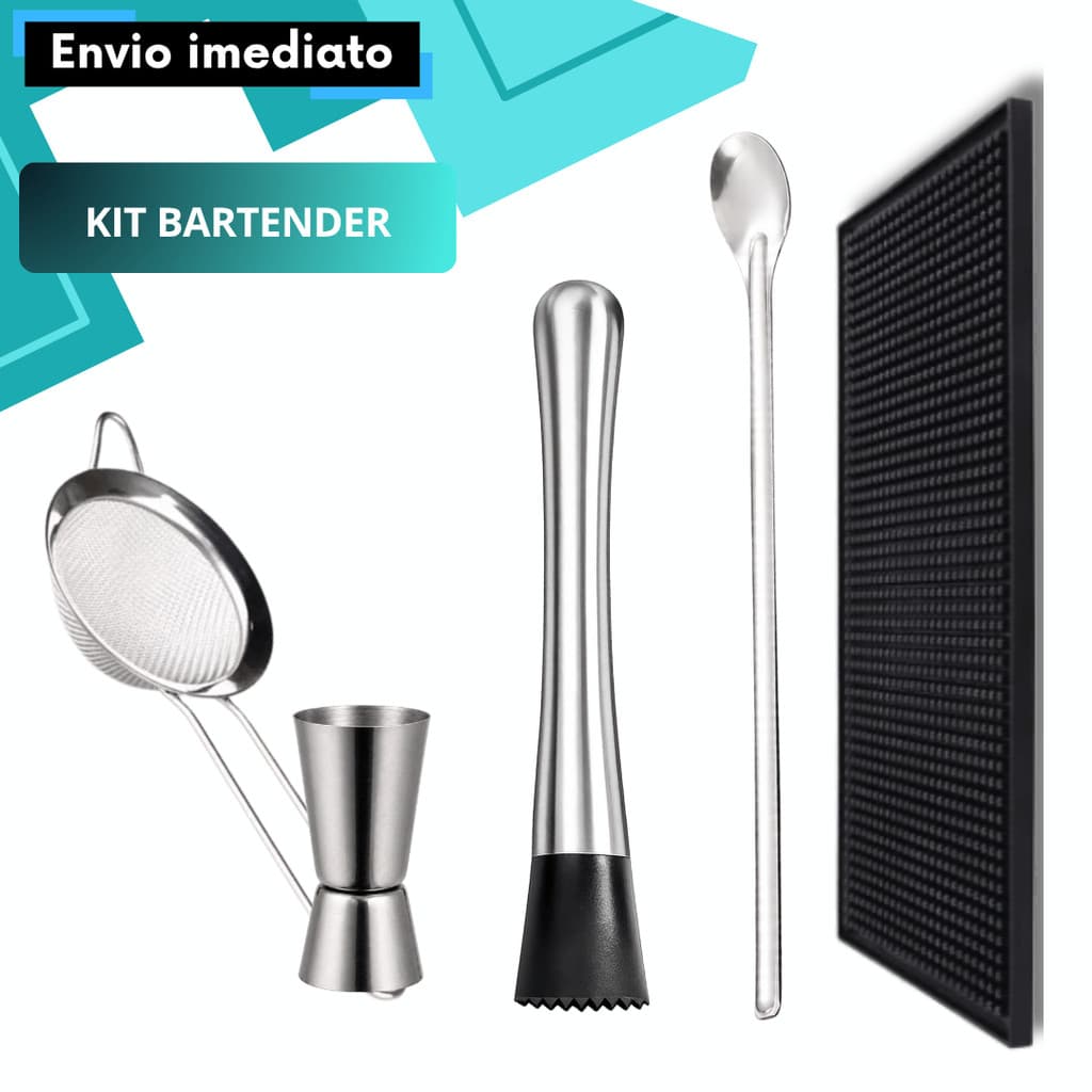 Kit Bartender Aço Inox Socador Dosador Duplo Peneira Tapete Colher Drinks Medidas Uso Doméstico Bar Festa