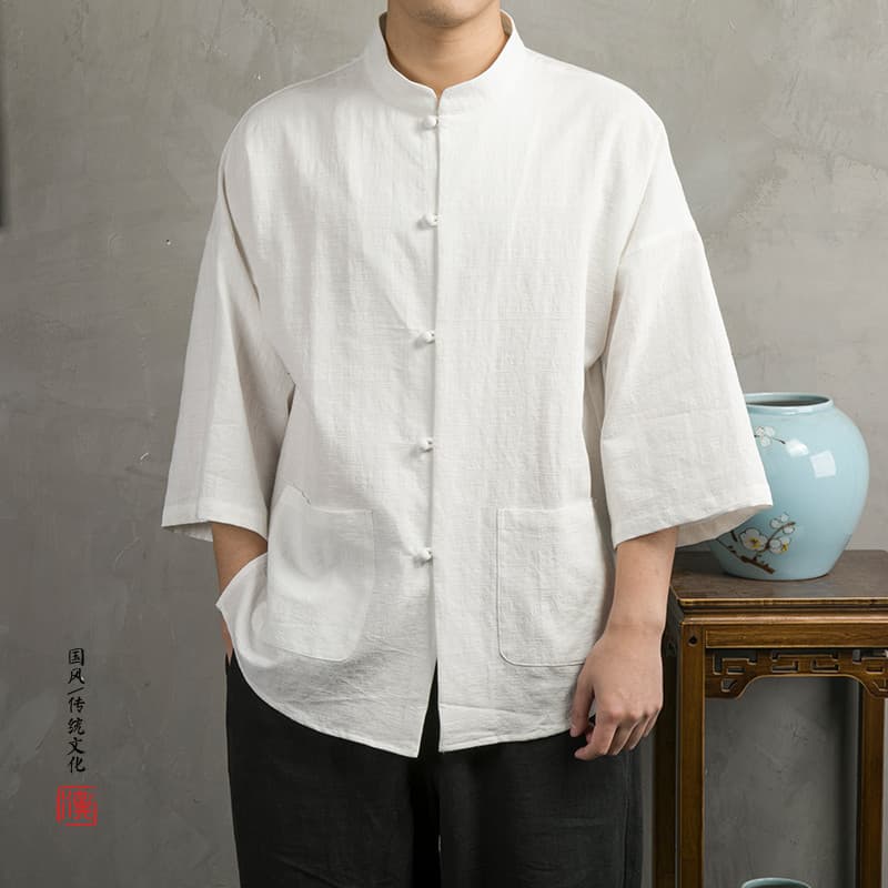 Camisa de linho estilo chinês masculina verão estilo fino algodão linho manga três quartos juventude estilo chinês topo