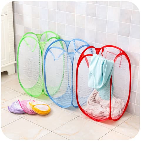 Cesta de roupas sujas com rede colorida, cesta de armazenamento dobrável de tamanho grande, cesta de roupas sujas, cesta