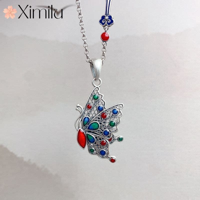 ♥ Original estilo étnico chinês colorido borboleta colar unissex pingente clássico Retro jóias