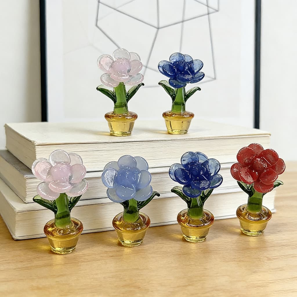 [SKI] Mini Flor De Rosa De Vidro Com Vaso Enfeites De Flores Coloridos Estatueta De Cristal Falso Soprado À Mão Colecion