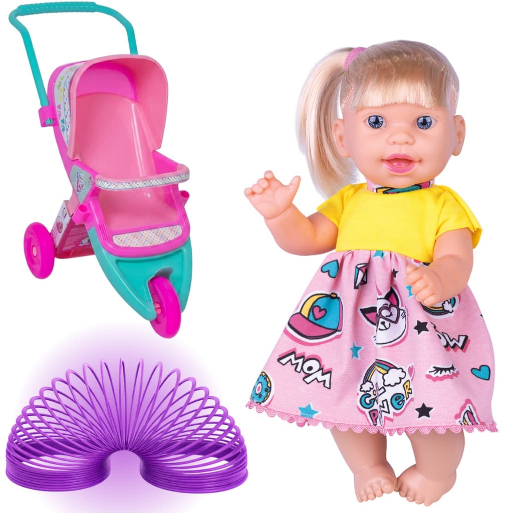 Carrinho de Boneca 3 rodas Plastico Ninos Reborn + Boneca 331CM Eloah com Cabelo + Mola de Brinde