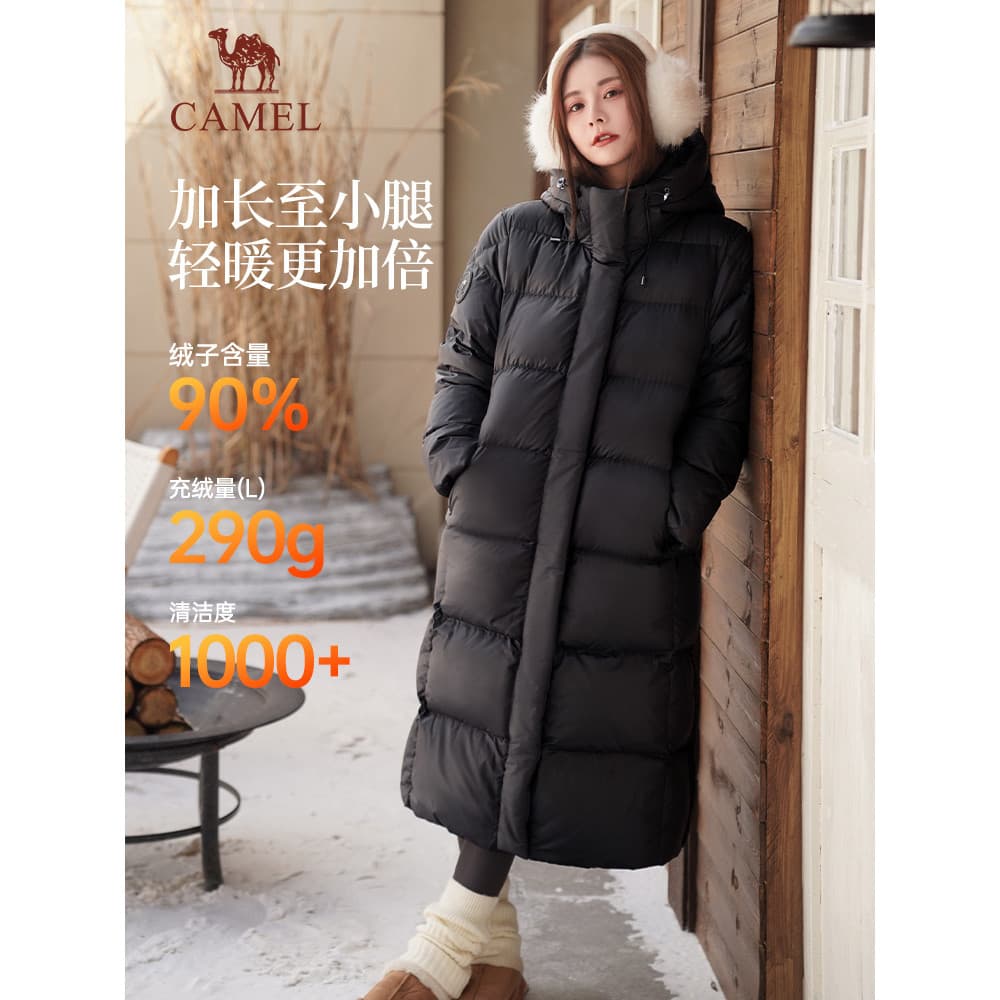 Camel jaqueta longa feminina 2025 novo estilo inverno ao ar livre com capuz engrossado quente preto pão jaqueta