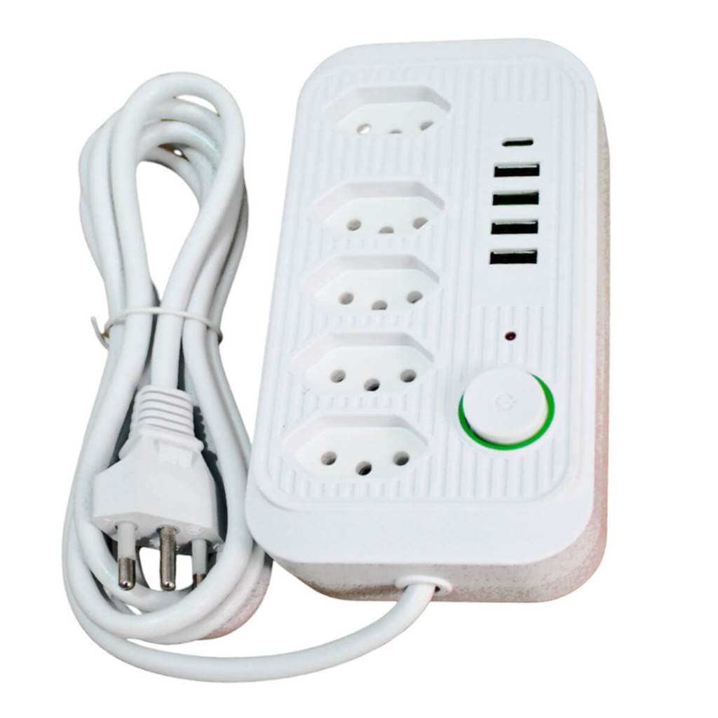 Filtro de Linha B-Max Extensão 5 Tomadas e 4 Entradas USB e USB-C 2.1A 2 Metros Bivolt Régua de Tomada Reforçada