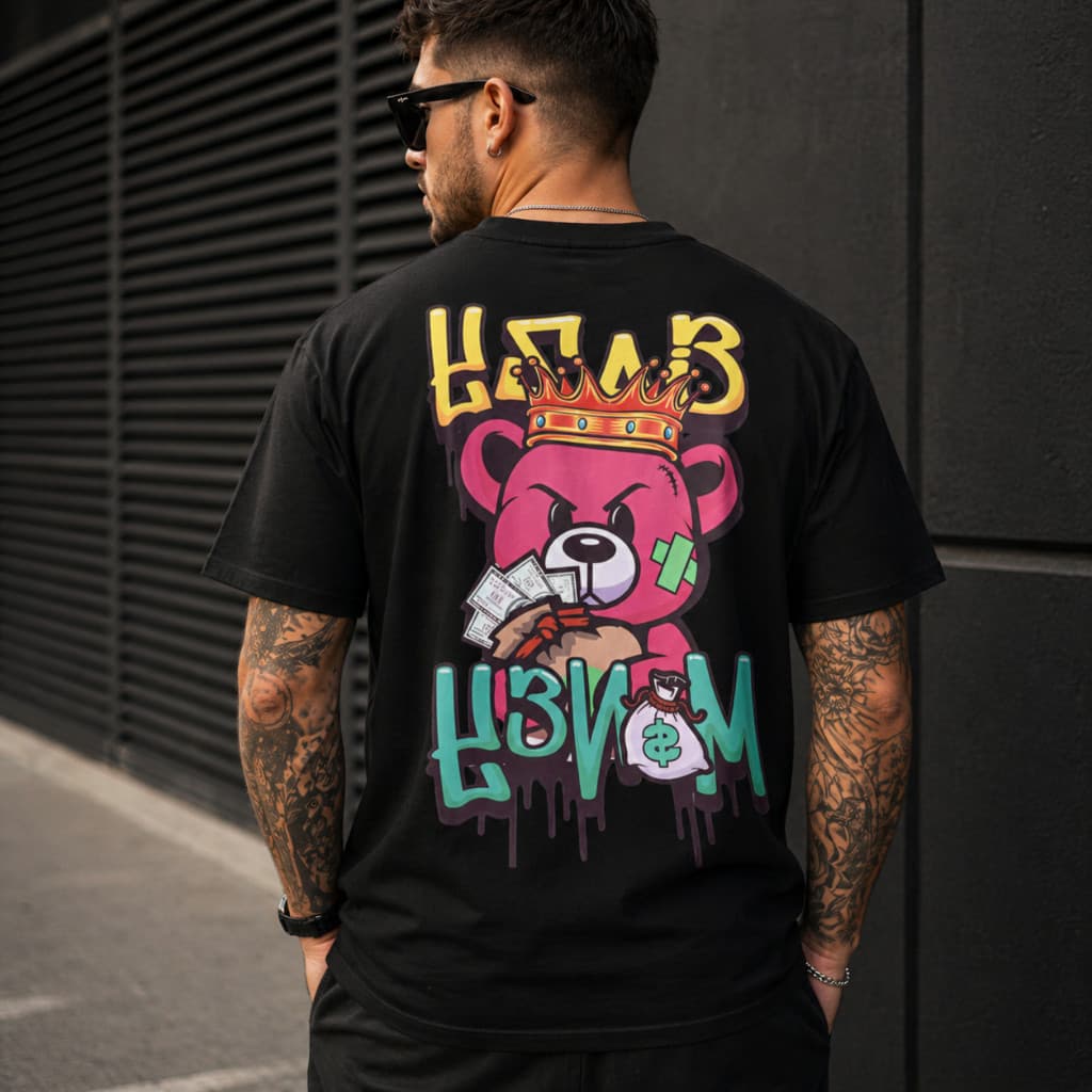 Camiseta Masculina 100% Algodão Streetwear Camisa Estampa Urso "Money Bear" Despojado Estiloso
