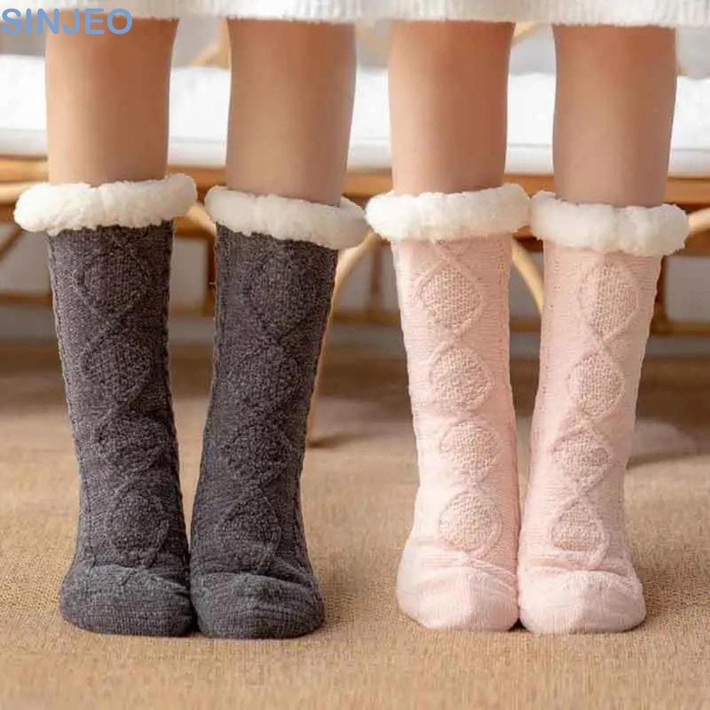 Desce Meias Térmicas Grossas , De Chão De Pelúcia Antiderrapantes De Veludo Lã Quentes De Malha Fofa Femininas Inverno