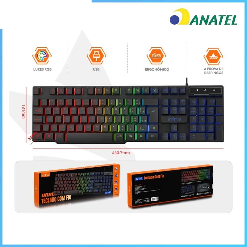 Teclado Gamer Inova KV817 RGB ABNT2 107 Teclas Silencioso USB Anti Água