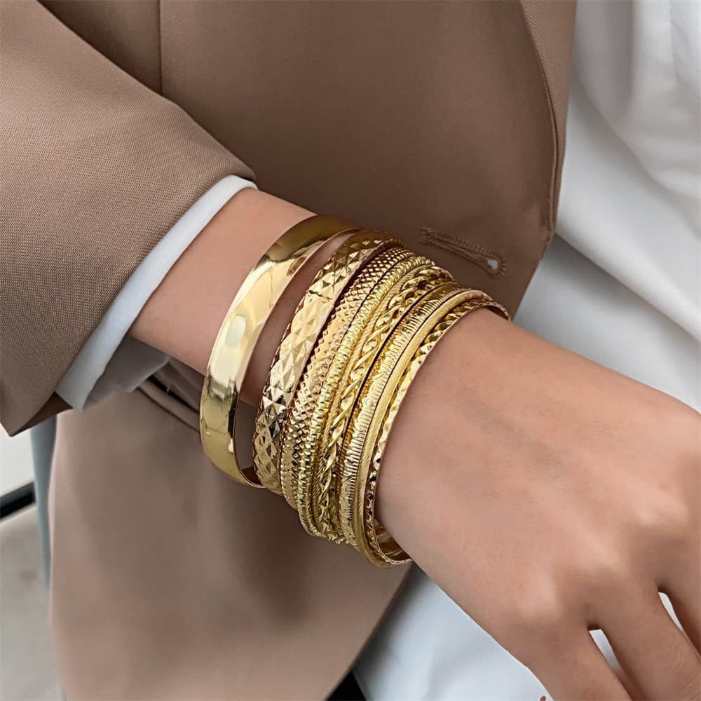 Joias de liga metálica de estilo étnico, conjunto de pulseiras largas vintage, modelo feminino, conjunto d