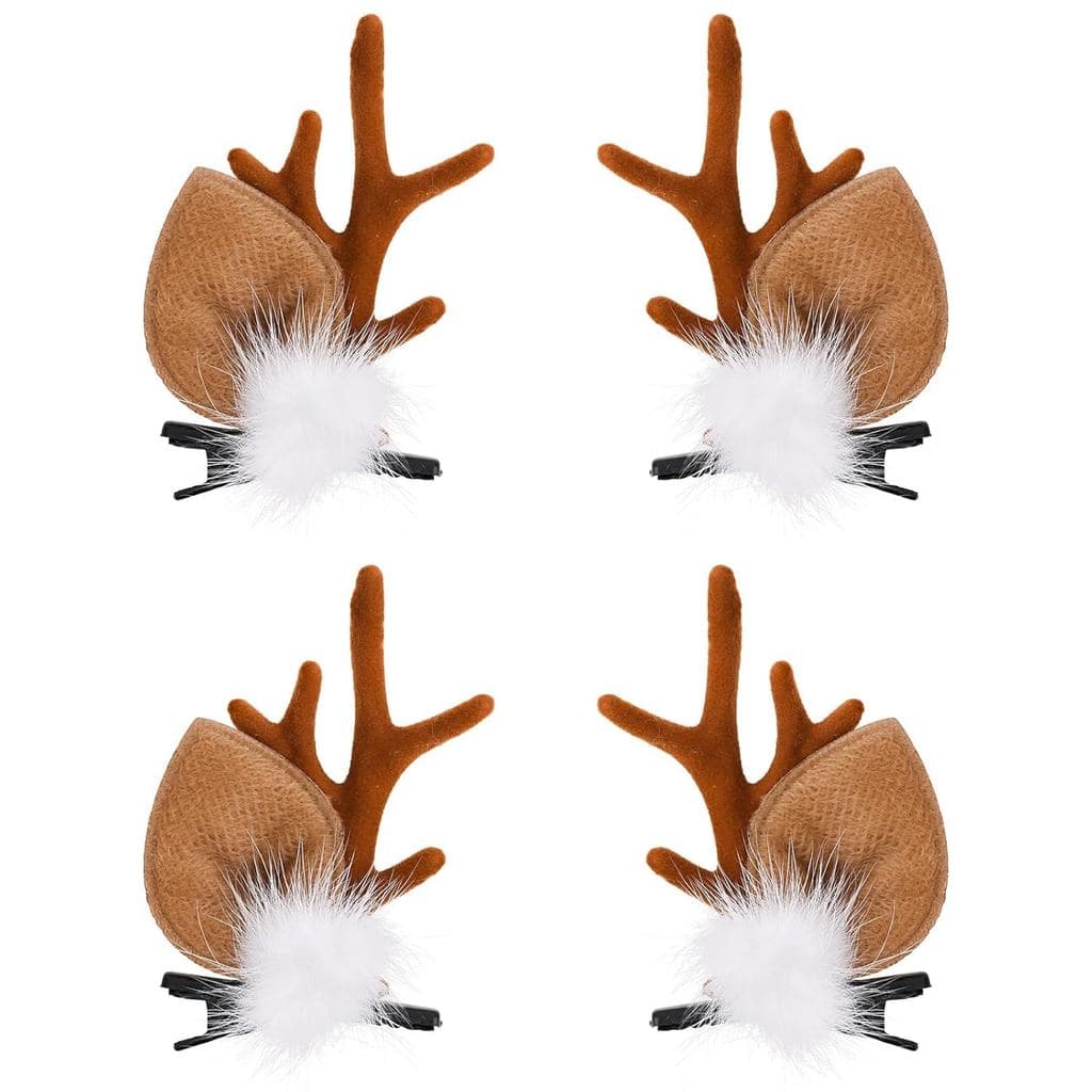 2 Pares de Presilhas de Cabelo de Natal com Chifres de Rena, Presilhas de Cabelo com Chifres Marrons e Bola de Pelúcia F