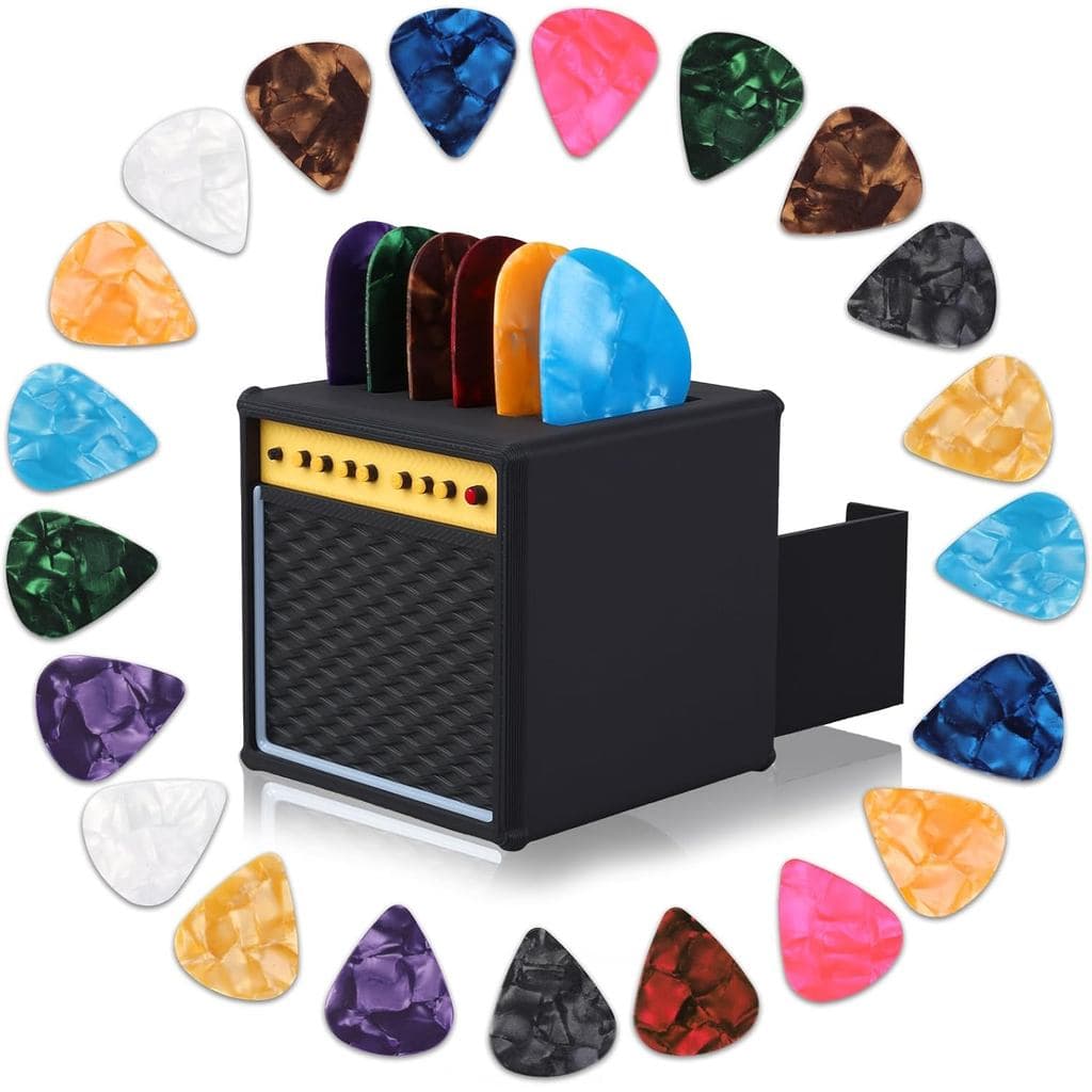 22Pcs Guitar Picks Holder Box, Vintage Amp Guitar Pick Holder with 21 Celluloid Guitar Picks, 3D Printed Retro Stor