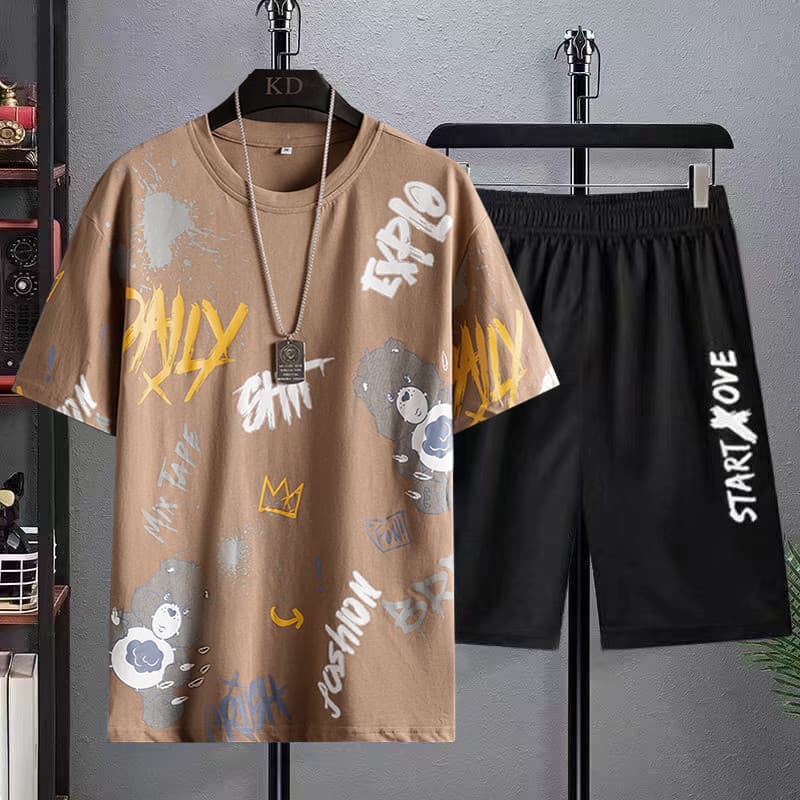Terno de verão masculino esportes gelo seda manga curta camiseta adolescente ins Street Wear All-Match estudante meia ma