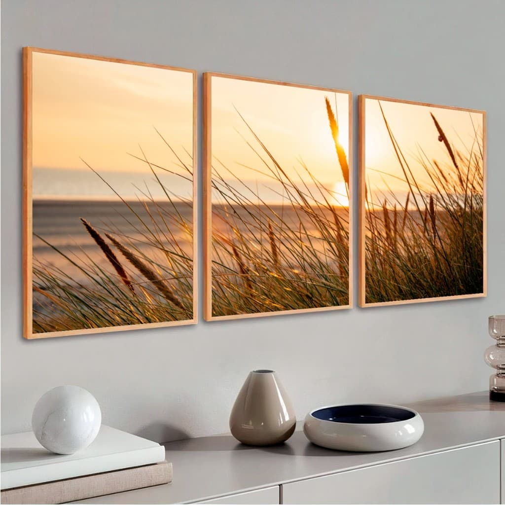 Kit 3 Quadros Com Moldura 50X70 cm Por do Sol na Praia Sala