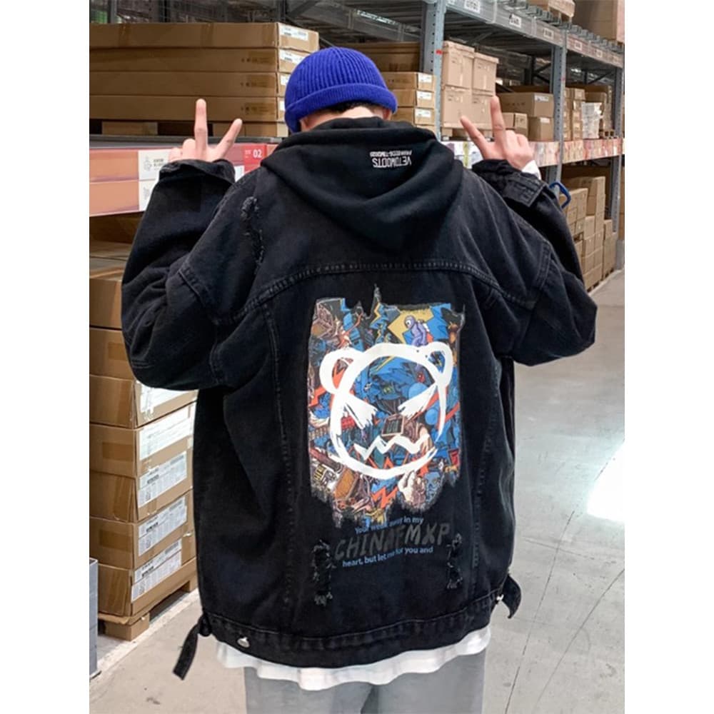 Americano pequeno diabo Denim jaqueta masculina outono street wear ins Puffian bonito jaqueta na moda bordado com capuz