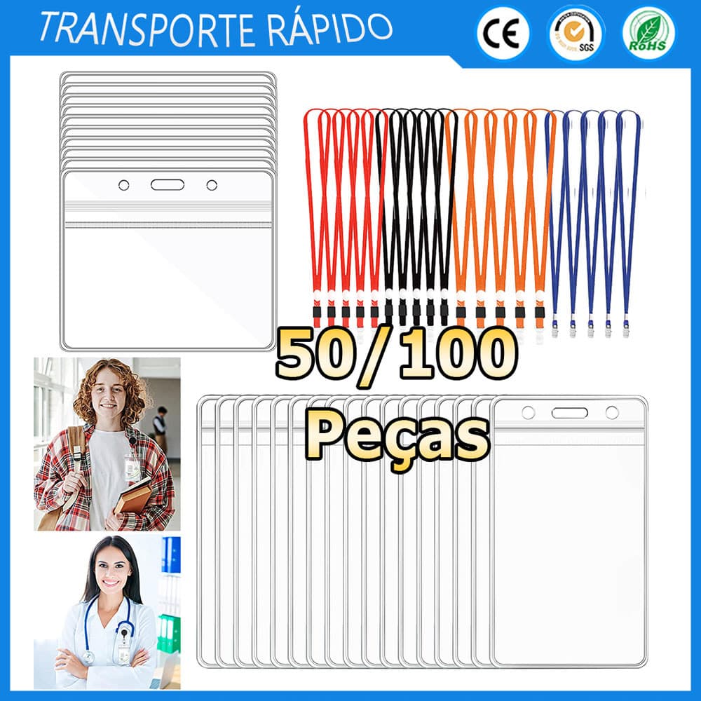 Kit 50/100 Crachás de plástico transparente porta-crachás e porta-cartões de identificação cordões com clipes