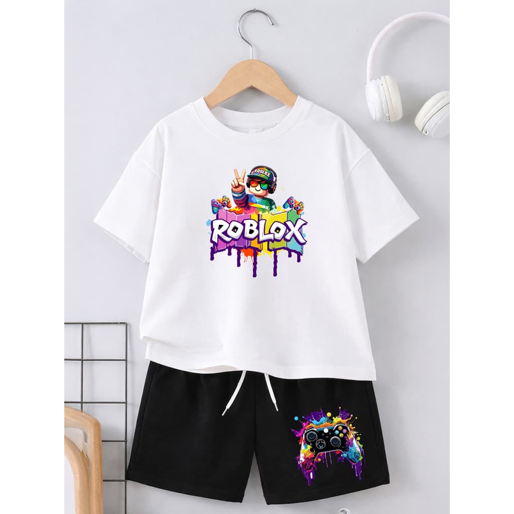 Conjunto Infantil Robloxx Camiseta + Shorts 100% Algodão Roupa Infantil Unissex Criança Confortável
