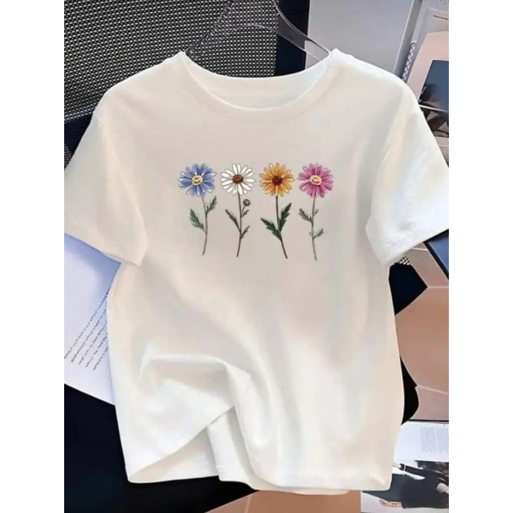 Camisa Feminina Flores 100% Algodão Gola Redonda