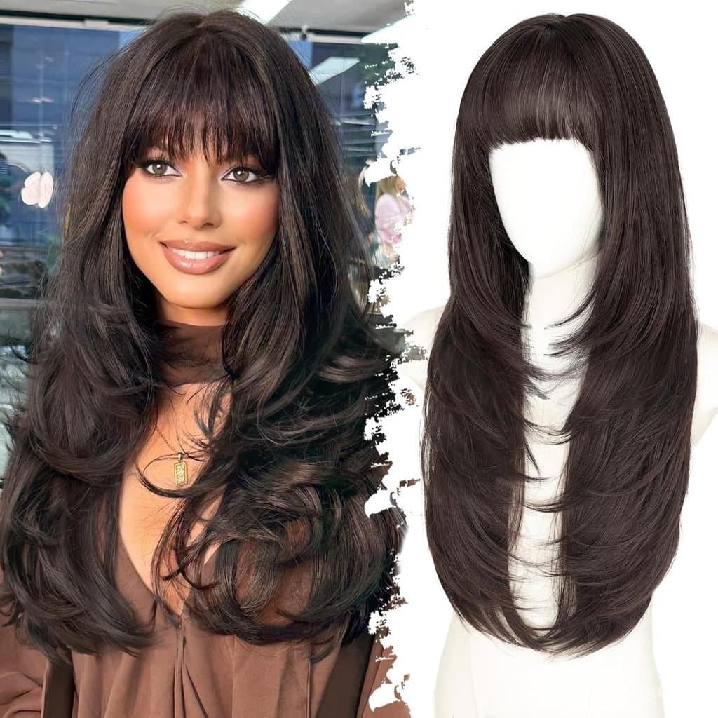 Novo estilo peruca feminina Qi franja grande onda longo cabelo encaracolado fibra química chapelaria