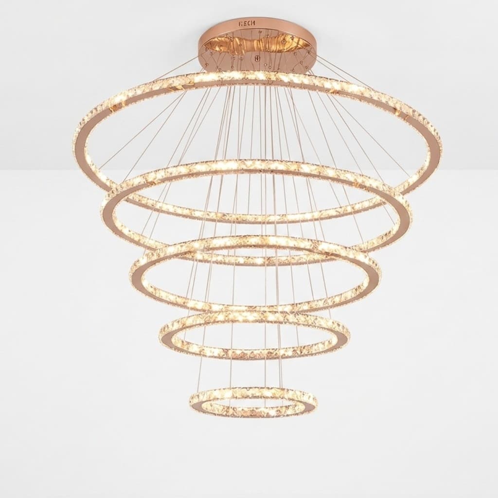 Pendente LED 5 Aros Moderno Rosé Gold Bivolt Luz Quente 3000K Lustre Decorativo Sala Escada