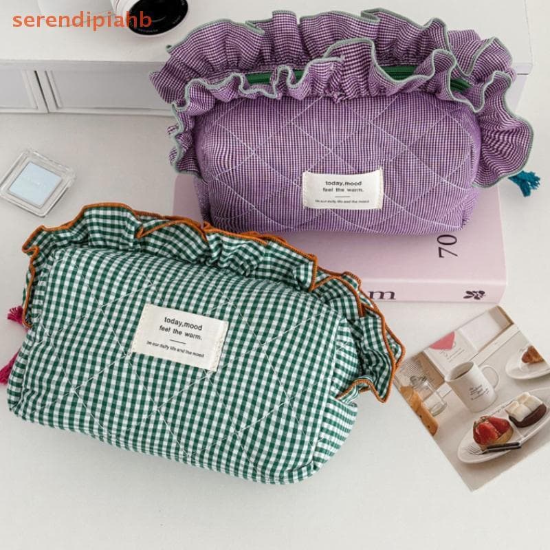 [serendipiahb] Bolsa Feminina Vintage De Guingão Para Maquiagem Cosmética Com Bordas Babados-Organizador De Grande Capac