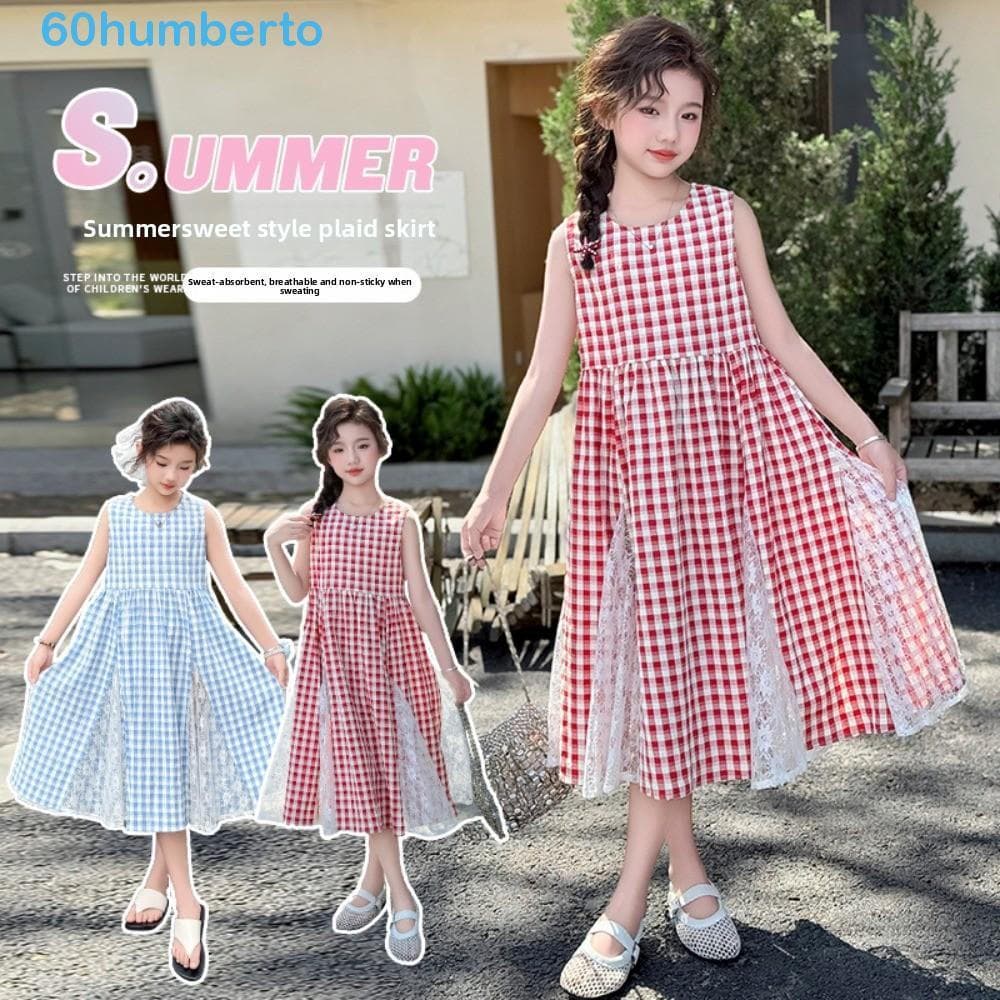 HUMBERTO Vestido Longo Infantil Grade , Xadrez De Princesa Sem Mangas , Saia Patchwork Azul Vermelha Para Meninas