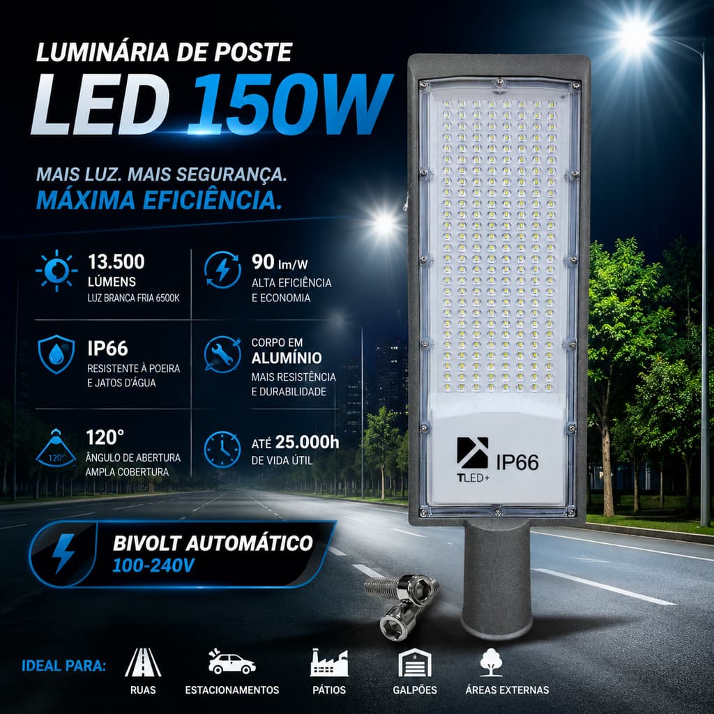LUMINÁRIA DE POSTE LED 150W IP66 13.500LM BRANCO FRIO BIVOLT - ALTA POTÊNCIA, ECONOMIA E MÁXIMA DURABILIDADE