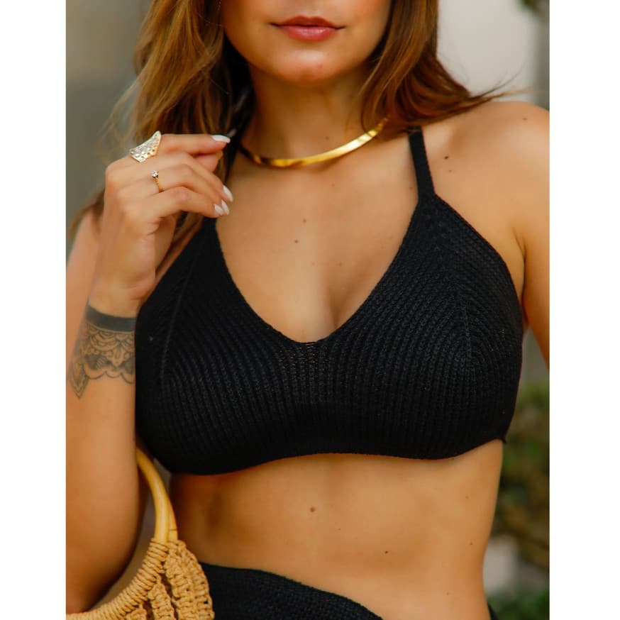 Top Tricot feminino ponto croche Cortininha ajustável Fang Conjunto