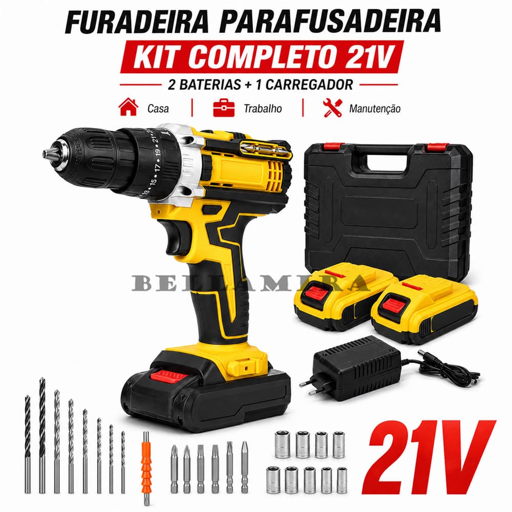 Kit de Furadeira Multifuncional 21V Furadeira de Impacto Recarregável para Uso Doméstico com 2 Baterias Incluídas - M