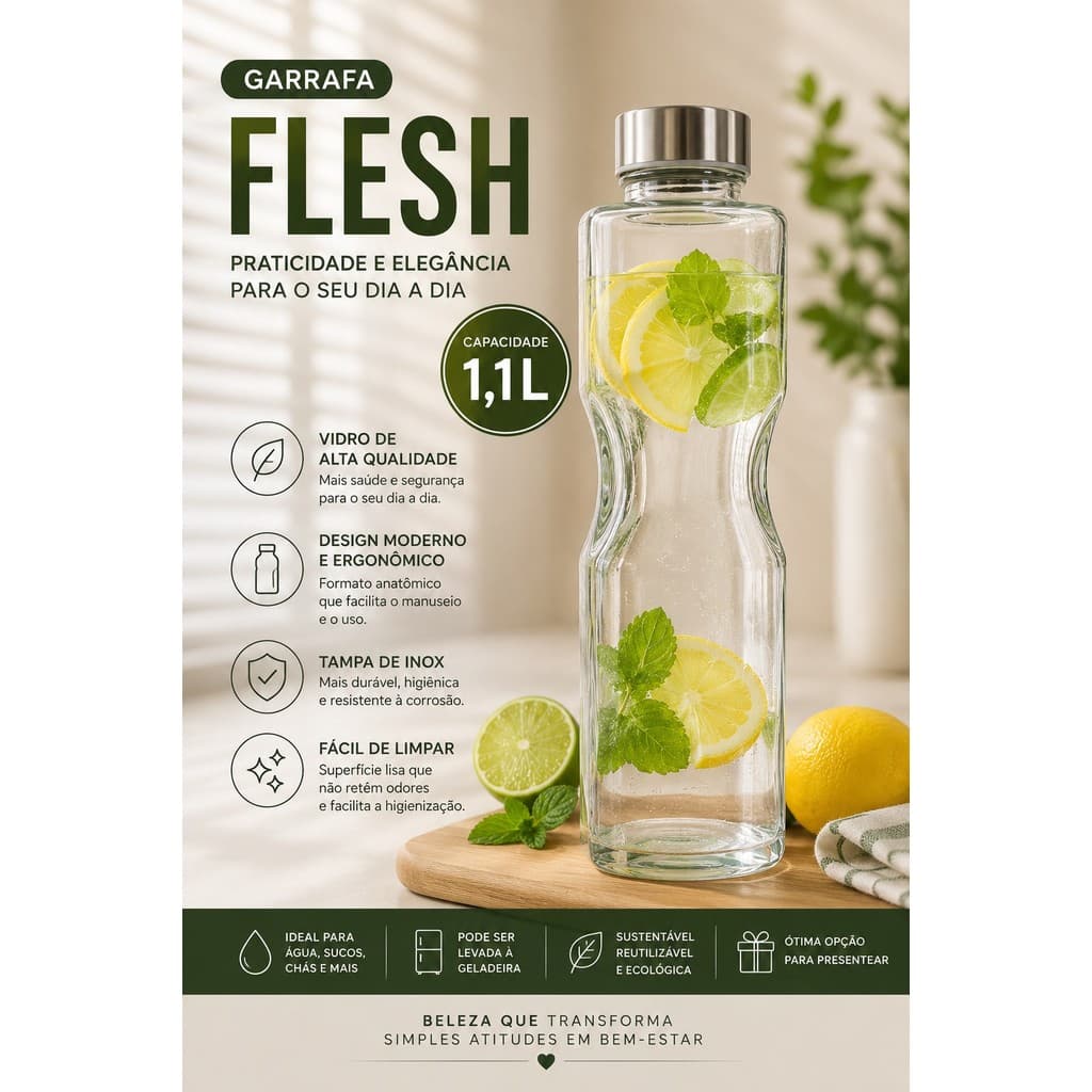 Garrafa Quadrada Flesh 1,1 litro de Vidro Tampa Hermética Geladeira Mimo Style