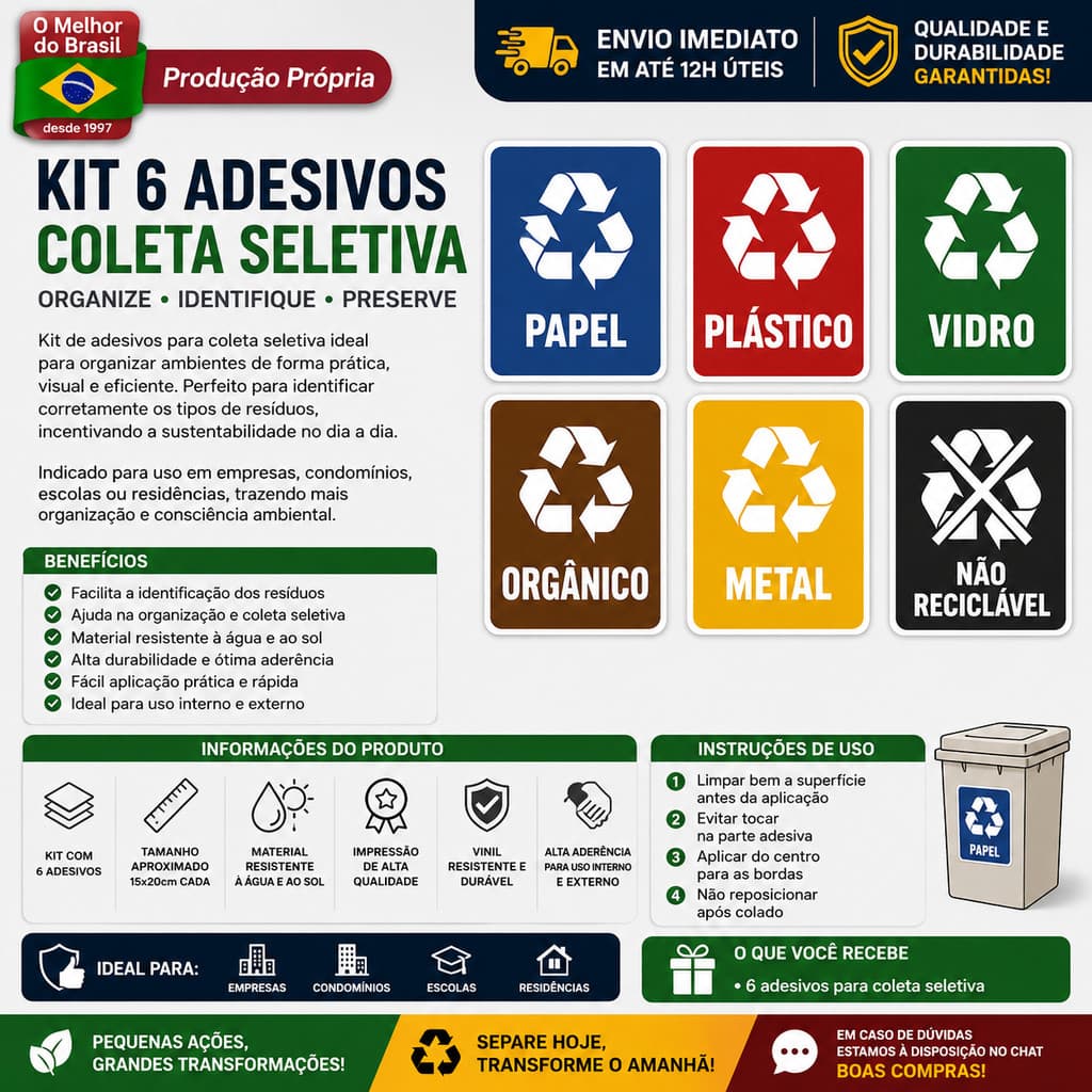 Adesivo Coleta Seletiva Lixo Reciclagem Kit 6 Unidades Vinil Lixeiras