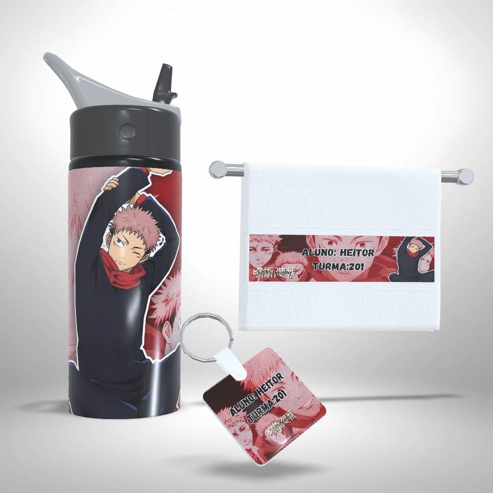 Kit Escolar Squeeze, Toalhinha e Chaveiro Personalizados Jujutsu Kaisen Yuji Itadori
