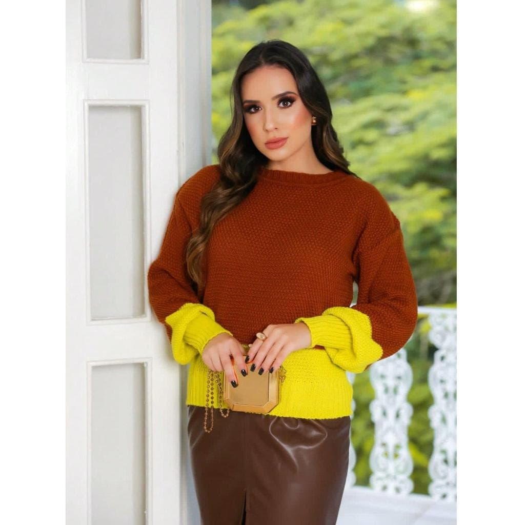 Blusa Tricot duas cores Suéter grossa manga bufante comprida