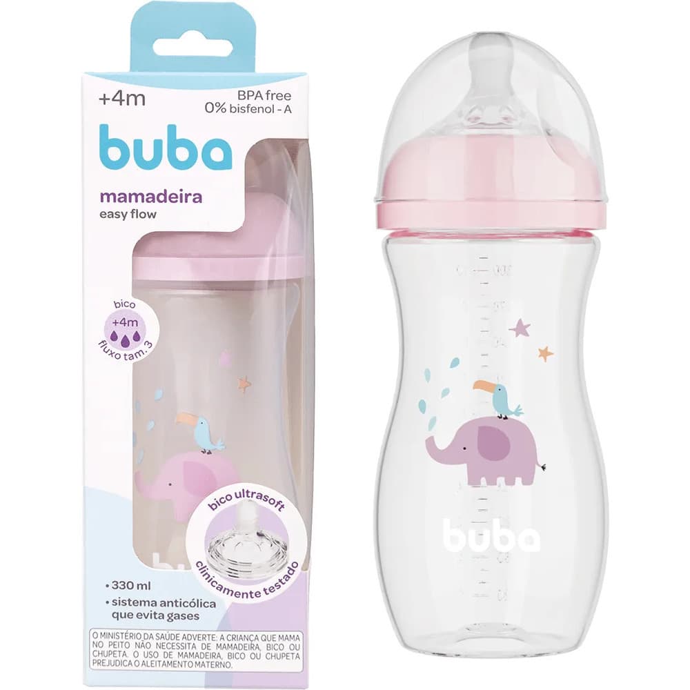 Mamadeira Easy Flow Anticólica Elefante Rosa 330ml para Bebês +4 Meses - Buba