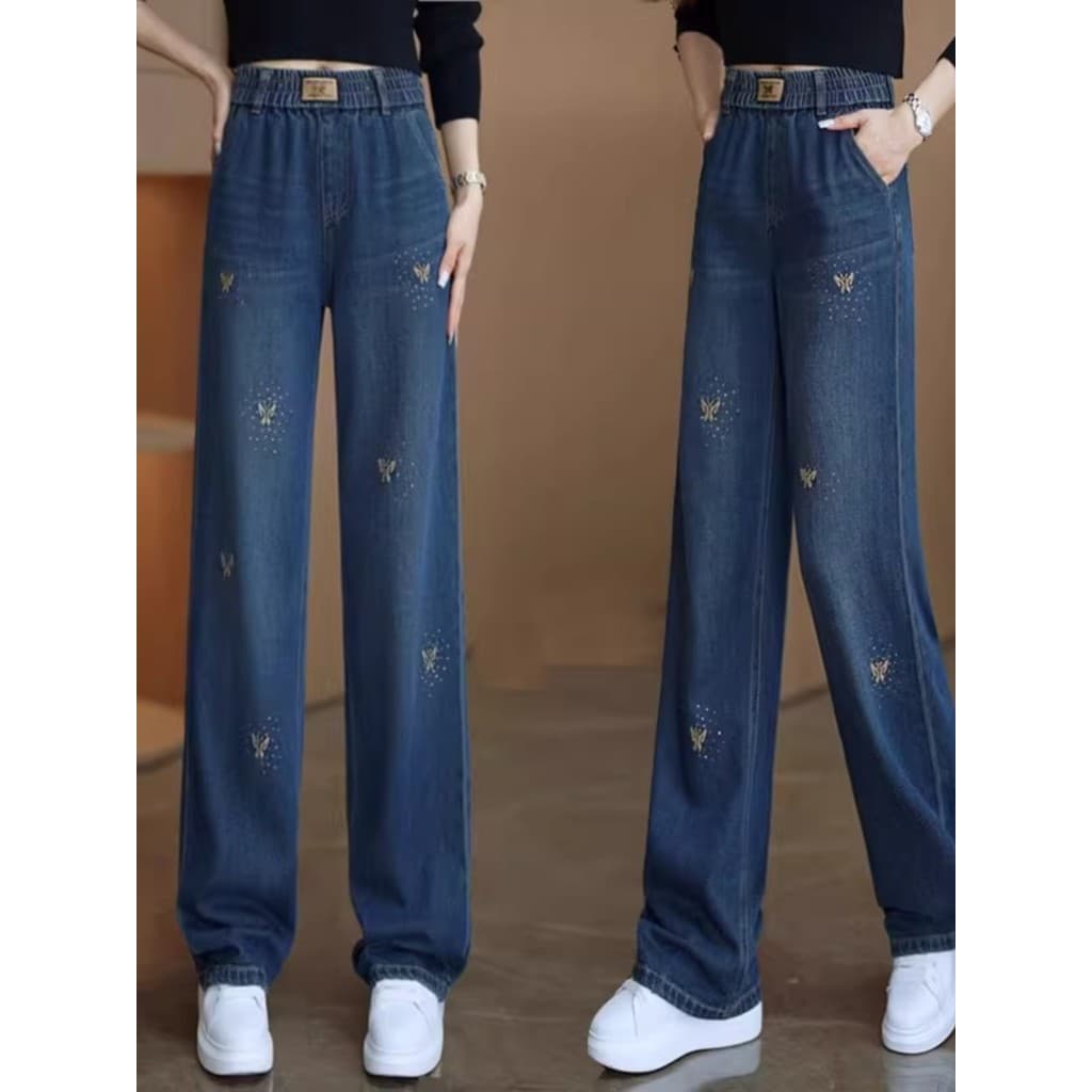 Calças de brim estiramento calças femininas outono 2025 novo estilo elástico cintura alta solta calças retas Drape calça