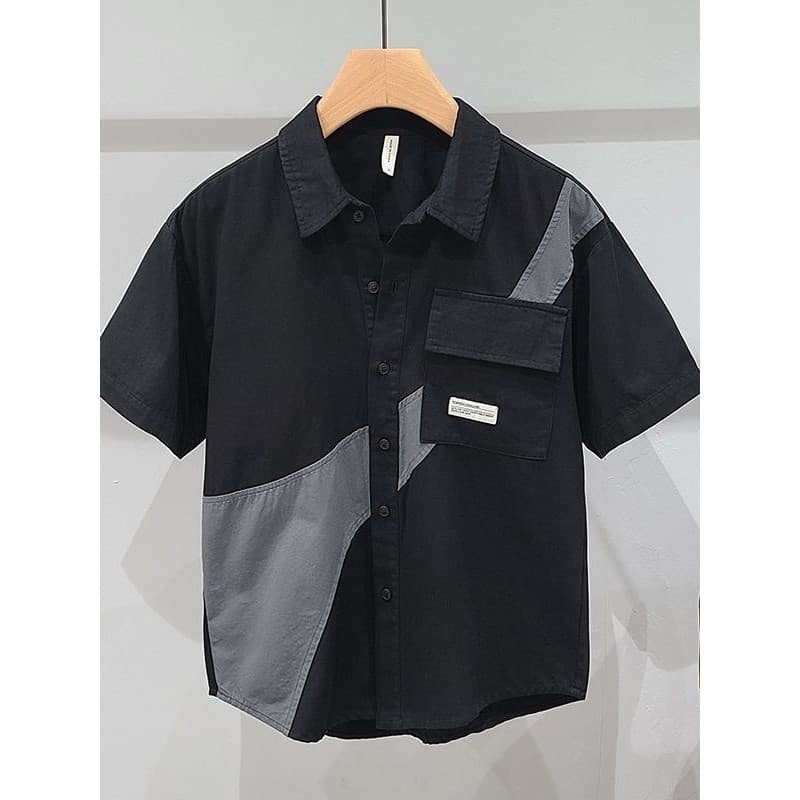 Design costura camisa de manga curta masculina verão japonês Cityboy solto Casual lapela camisa de carga jaqueta
