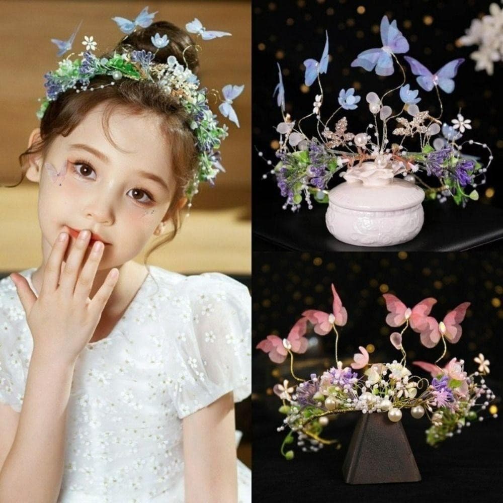 Coroa de Tiara de Princesa Floral com Guirlanda de Floresta e Borboleta para Meninas