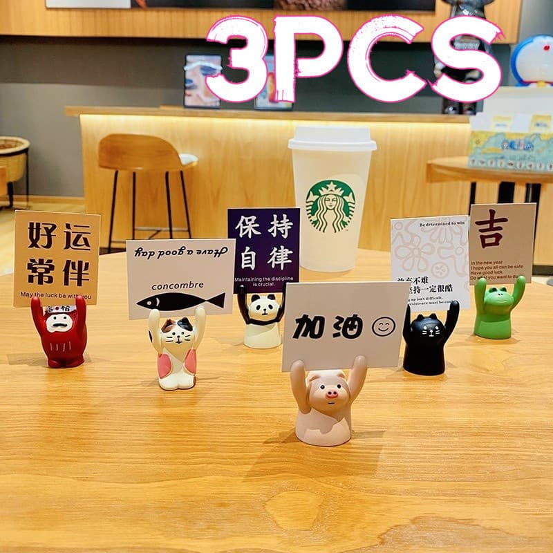 Kit com 3 porta-recados de resina em formato de animais para mesa, fotos e cartões