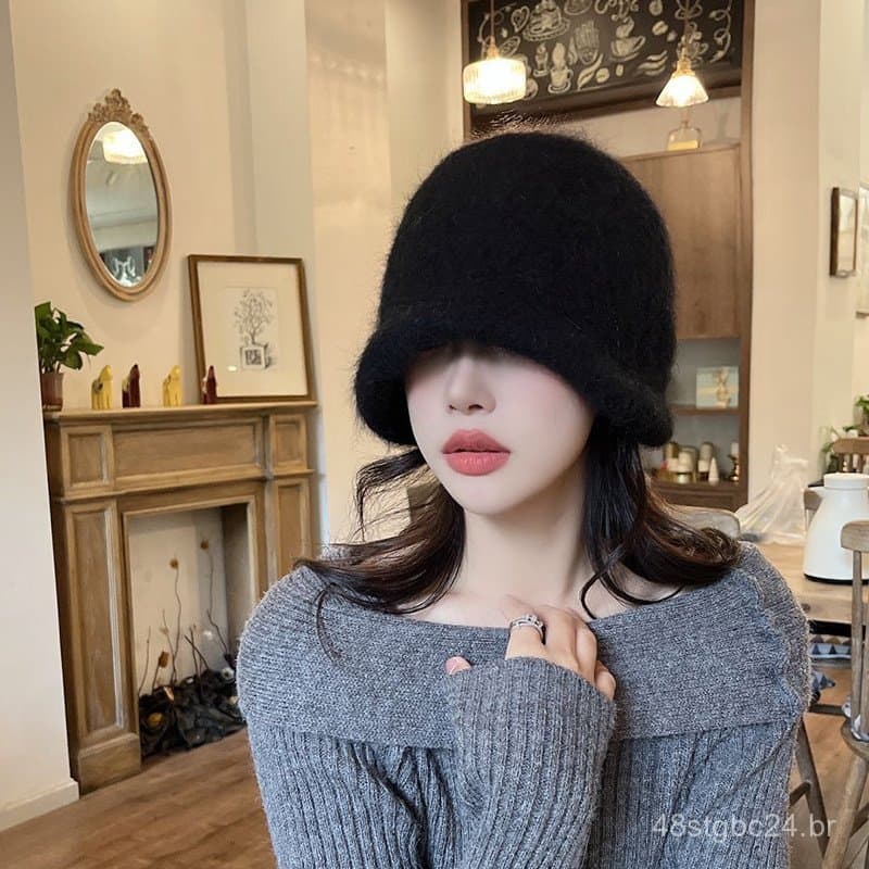 Chapéu 2024, sucesso de vendas, chapéu feminino de inverno em pele de coelho, estilo bucket, chapéu de pescador com prot