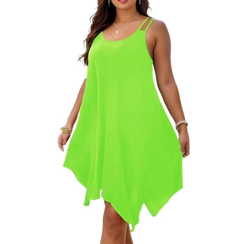 Vestido casual novo estilo feminino alça de ombro dupla verão casual assimétrico bainha em torno do pescoço vestido